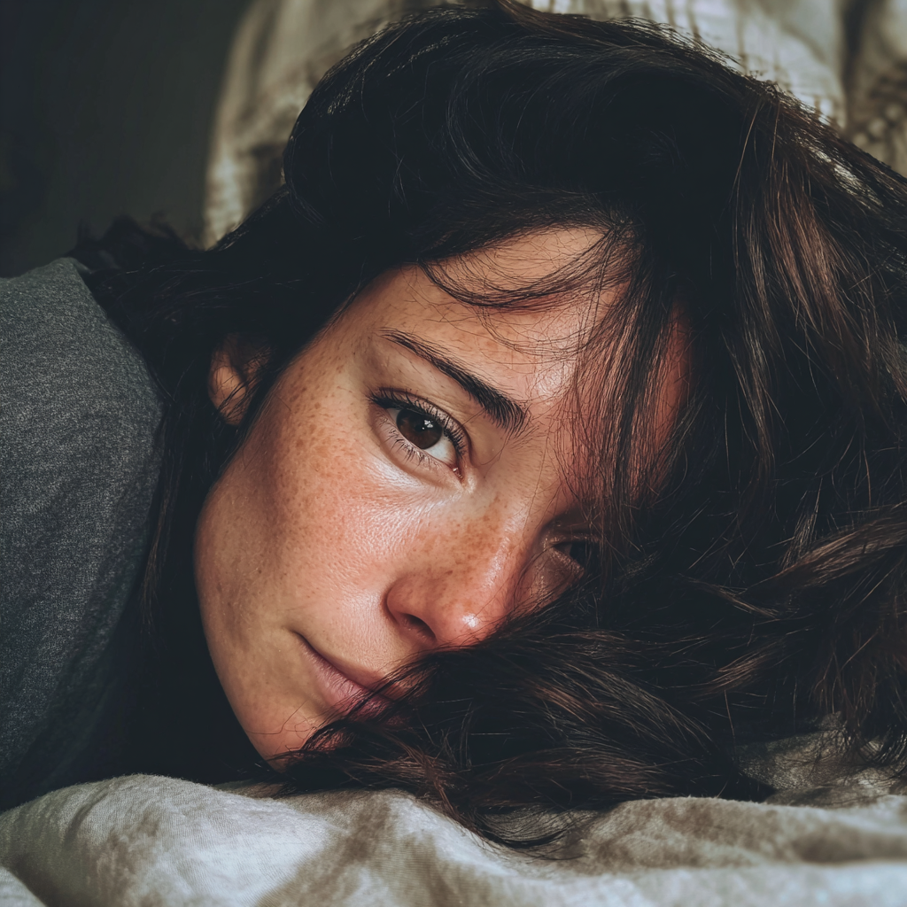 Primer plano de una mujer tumbada en su cama | Fuente: Midjourney