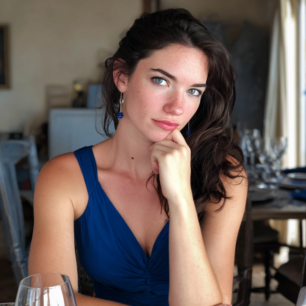 Una mujer sentada a la mesa del comedor con un vestido azul | Fuente: Midjourney