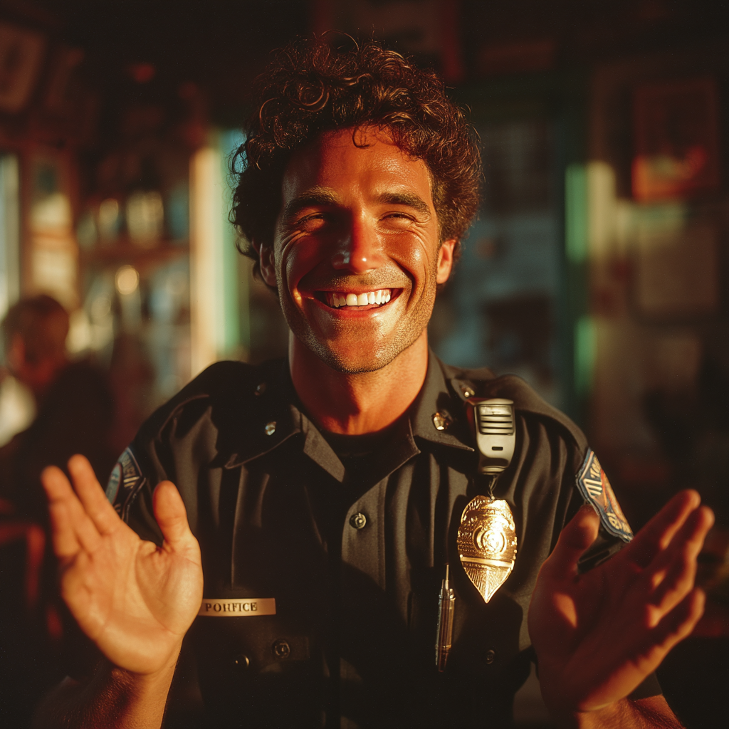 Un policía feliz celebrando | Fuente: Midjourney