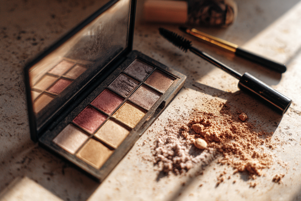 Paletas de sombras de ojos abiertas, varitas de rímel y polvos fijadores tirados en el suelo de un cuarto de baño | Fuente: Midjourney