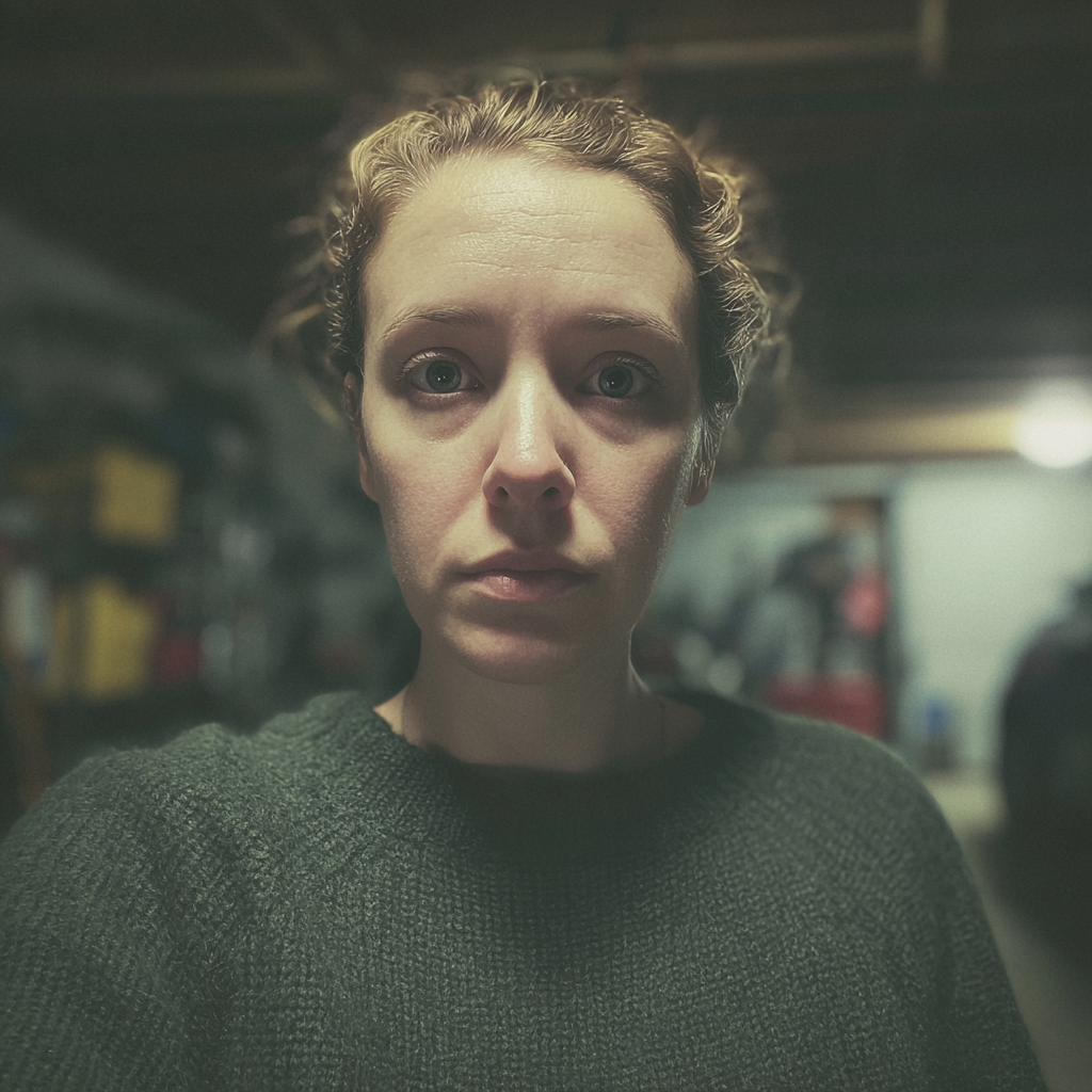 Una mujer conmocionada en un garaje | Fuente: Midjourney