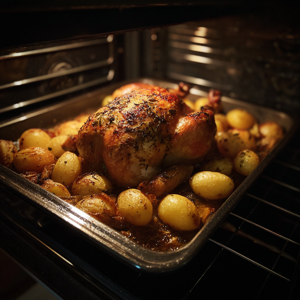 Un pollo asado con patatas en el horno | Fuente: Midjourney
