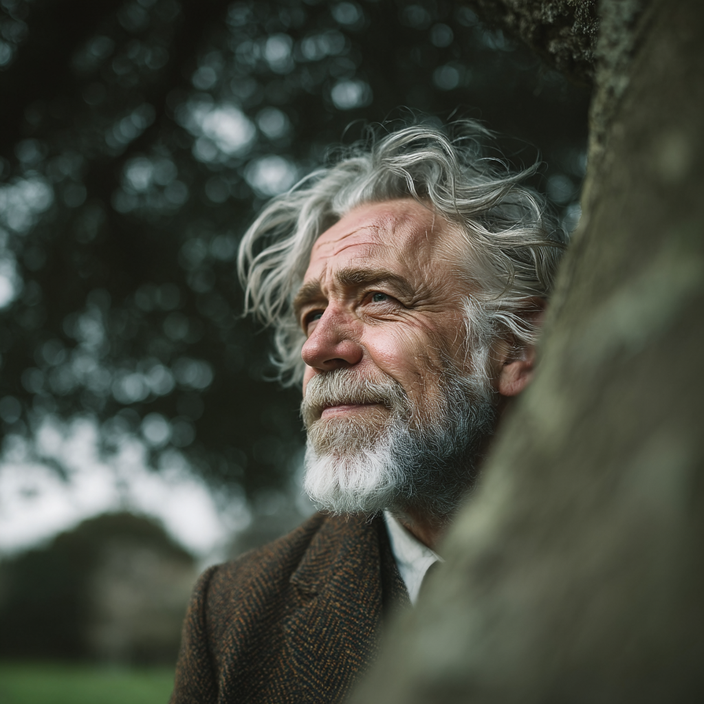 Un hombre asomándose detrás de un árbol | Fuente: Midjourney