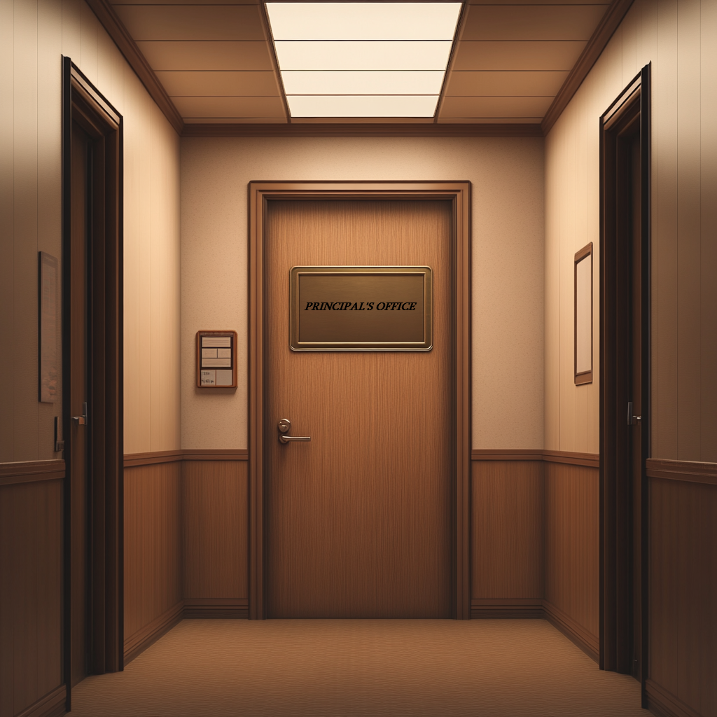 Un pasillo escolar con el despacho del director al fondo | Fuente: Midjourney