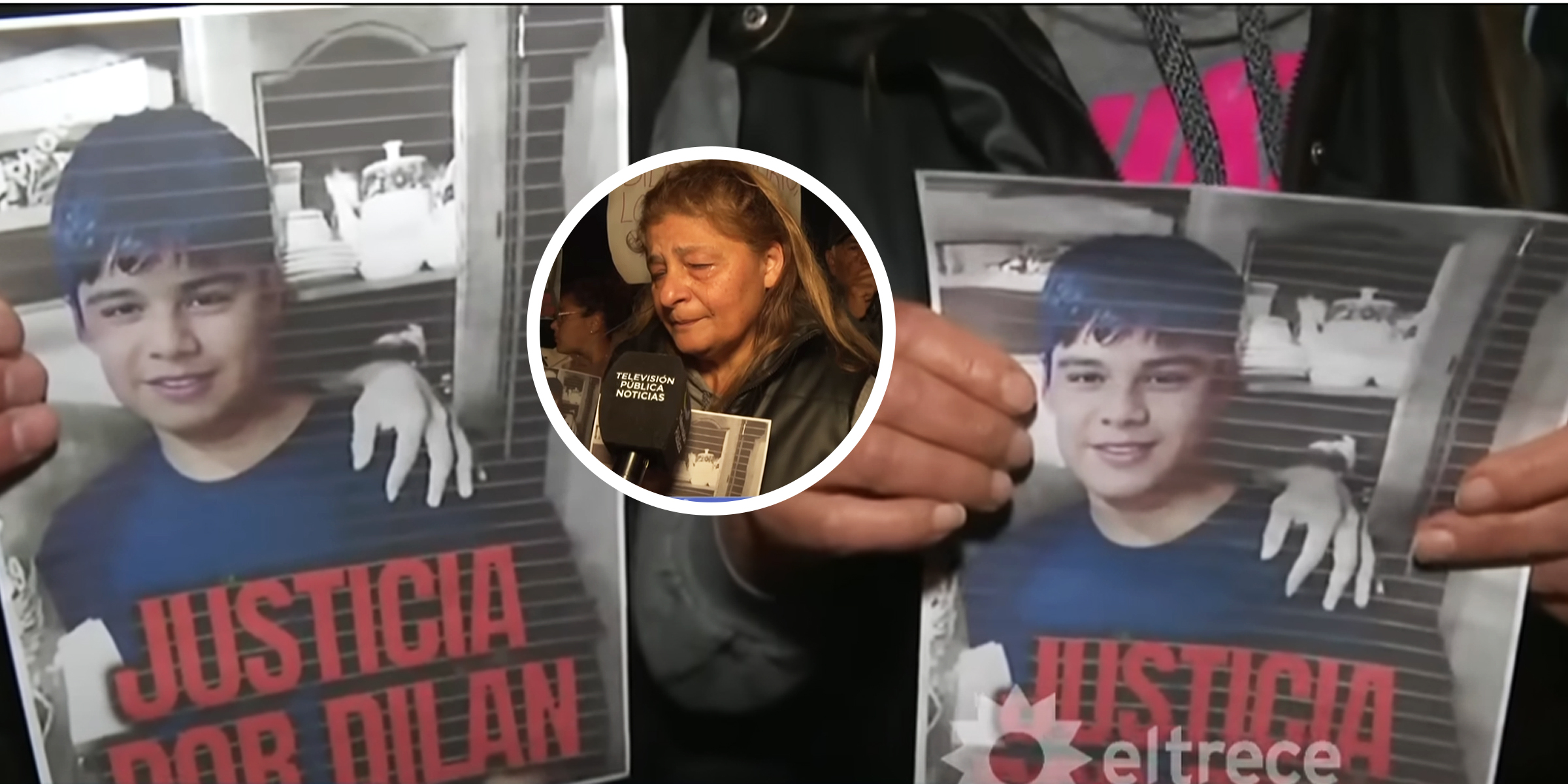 Cartel en el que piden justicia para Dilan Joel Insfrán | La madre de Dilan, Alicia | Fuente: youtube.com/c/TelevisiónPúblicaNoticias | youtube.com/@telenocheeltrece