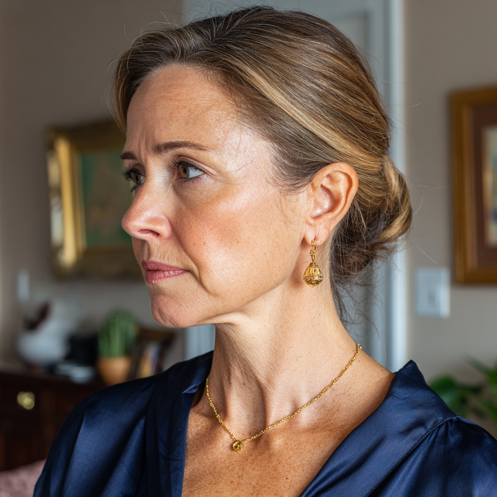 Una mujer con una blusa azul marino | Fuente: Midjourney