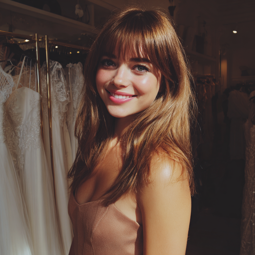 Una joven de pie en una boutique de vestidos de novia | Fuente: Midjourney