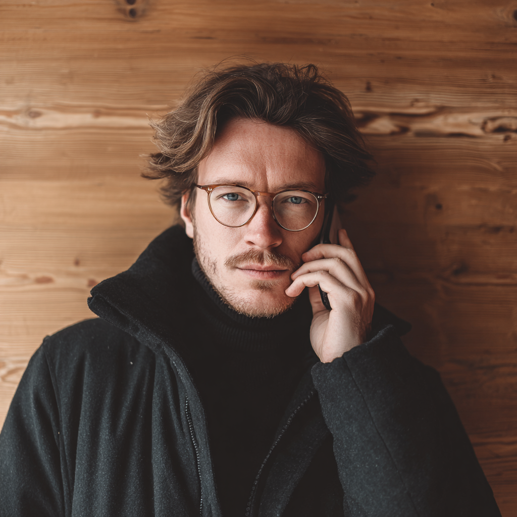 Un hombre vestido con una chaqueta negra y hablando por teléfono | Fuente: Midjourney