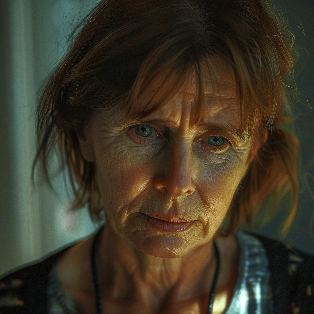 Una mujer triste con la mirada baja | Fuente: Midjourney