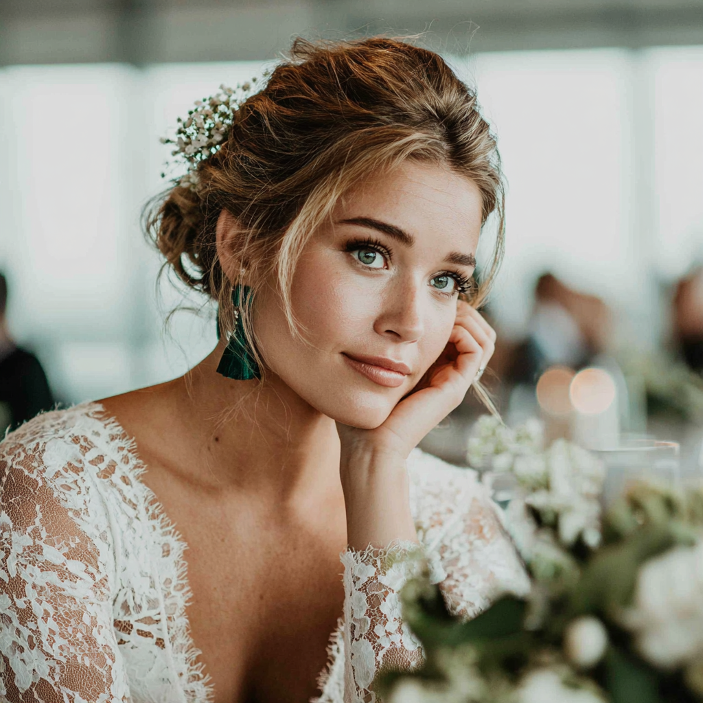 Una novia sentada a la mesa en el banquete de su boda | Fuente: Midjourney