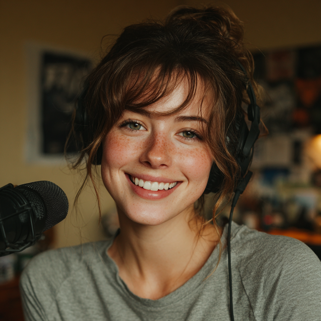 Una mujer feliz grabándose a sí misma | Fuente: Midjourney