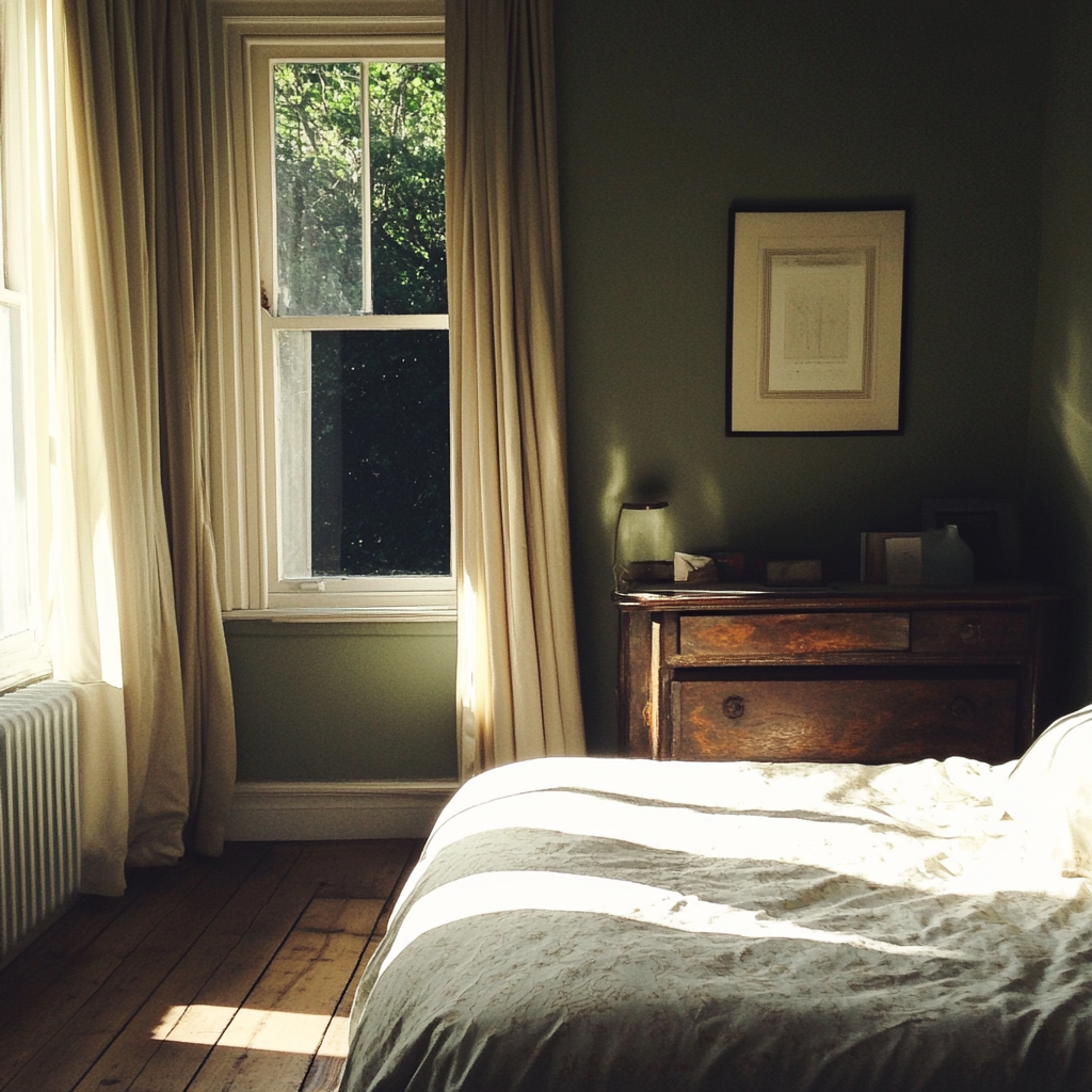 Un dormitorio temático en verde salvia | Fuente: Midjourney