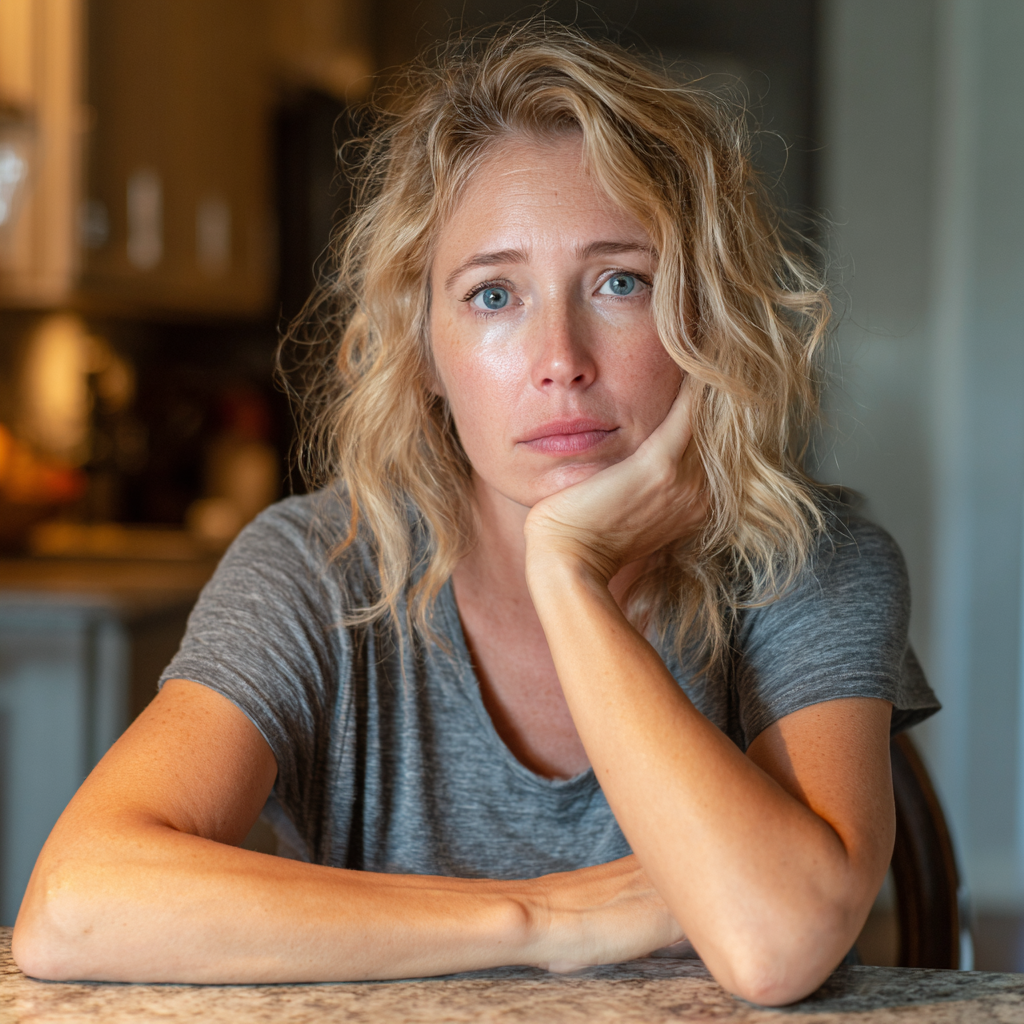 Primer plano de una mujer sentada a una mesa | Fuente: Midjourney