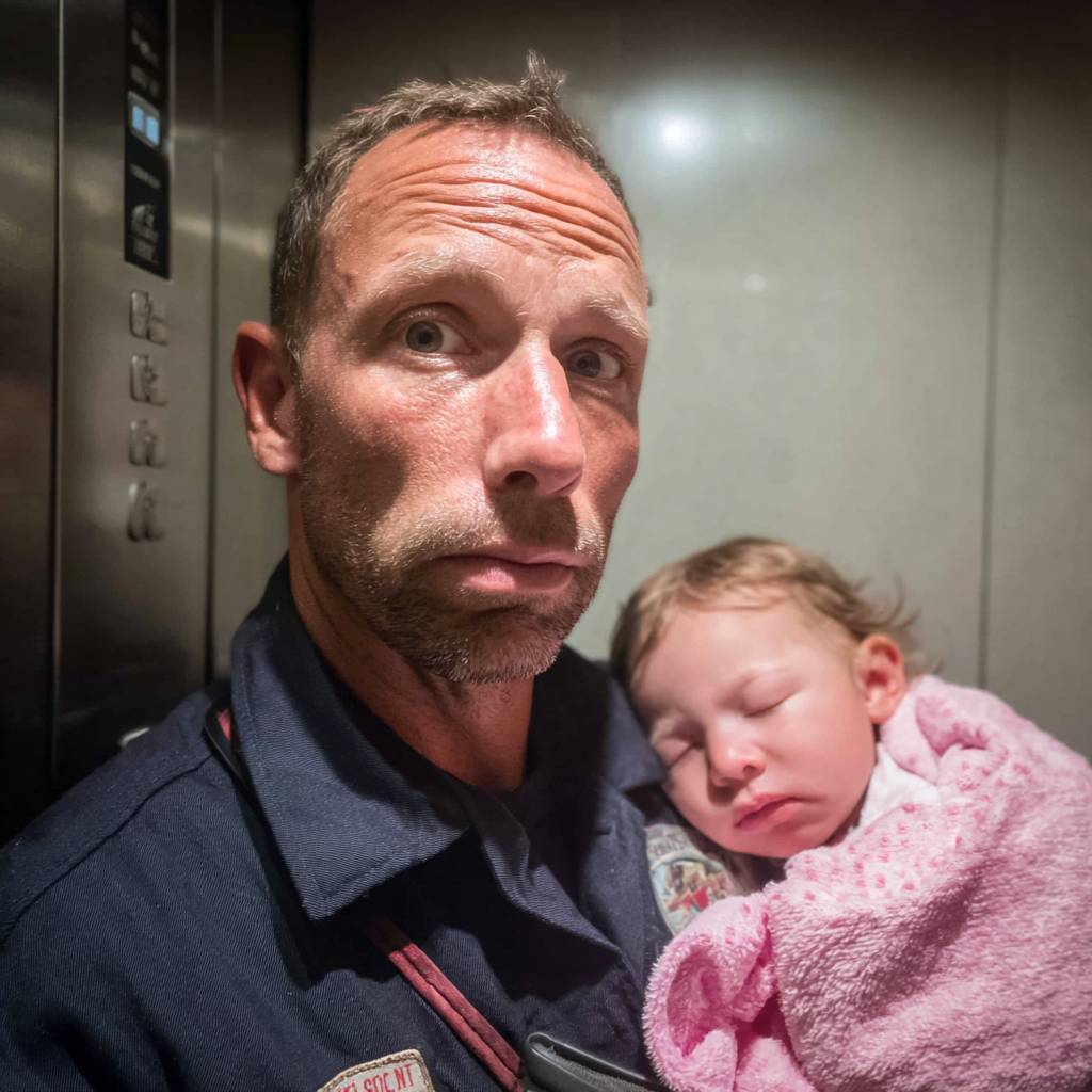 Un hombre sostiene a un bebé dormido en un ascensor | Fuente: Midjourney