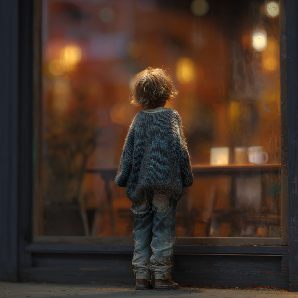 Un niño en la puerta de un café | Fuente: Midjourney