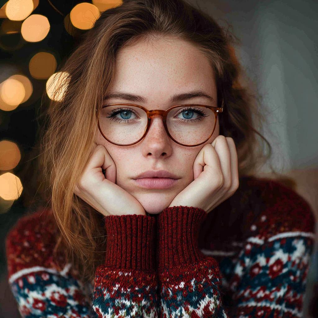 Una mujer pensativa con un suéter navideño | Fuente: Midjourney