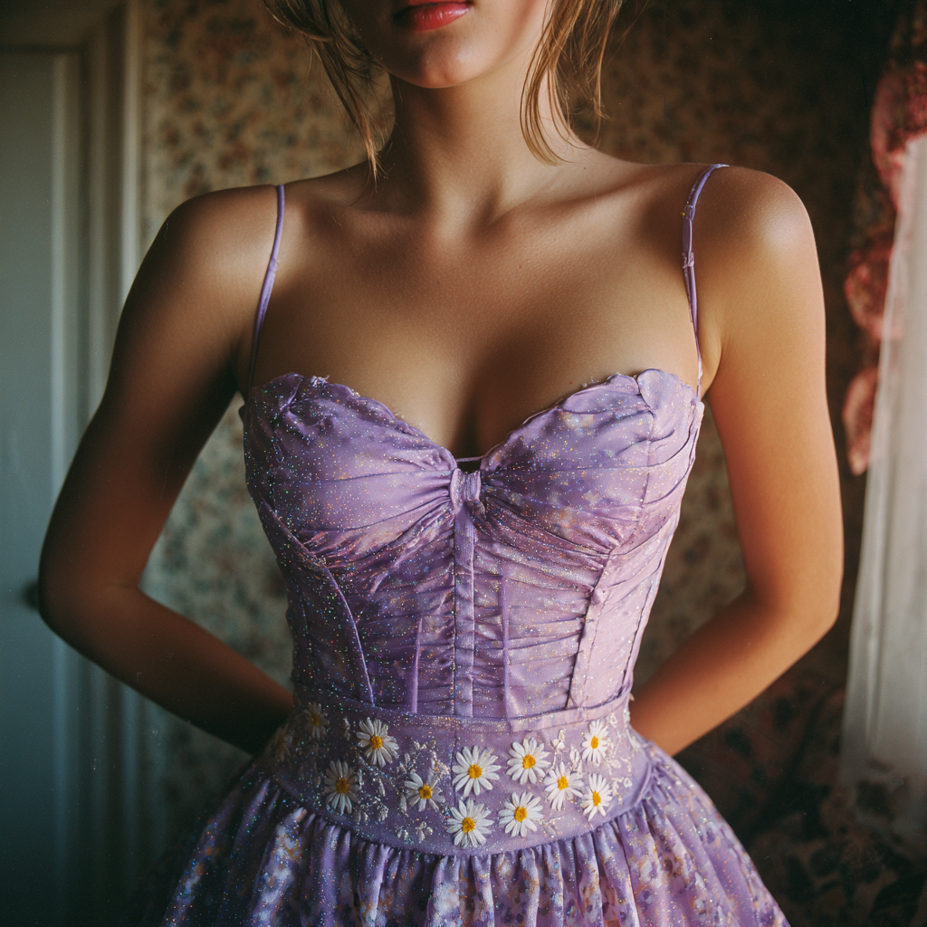 Una chica probándose un vestido | Fuente: Midjourney