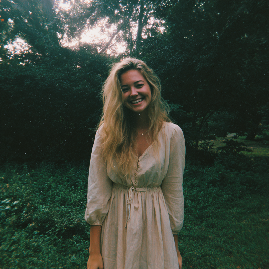 Una mujer sonriente en el exterior con un vestido blanco | Fuente: Midjourney