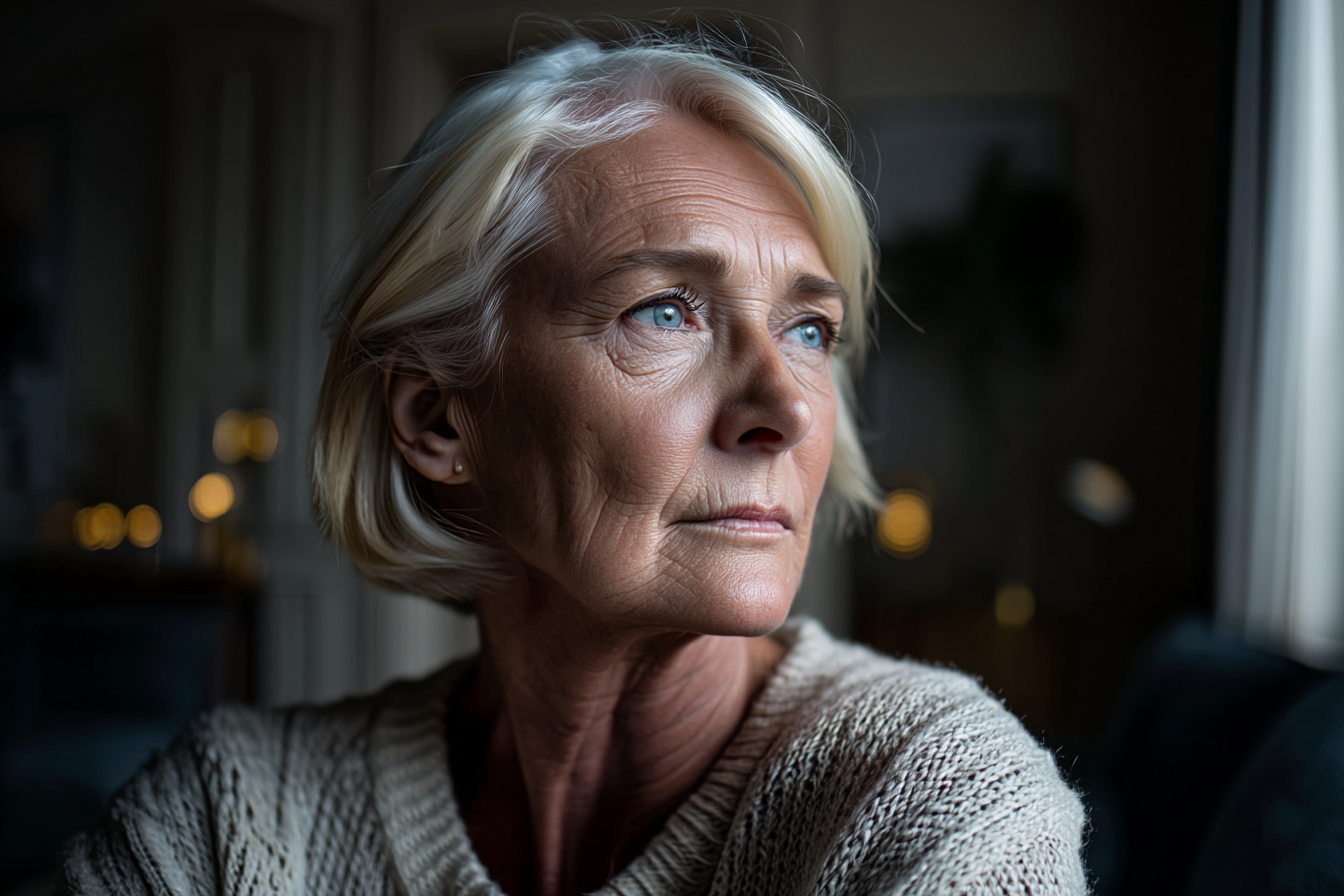 Una mujer mayor sentada en un sofá | Fuente: Midjourney
