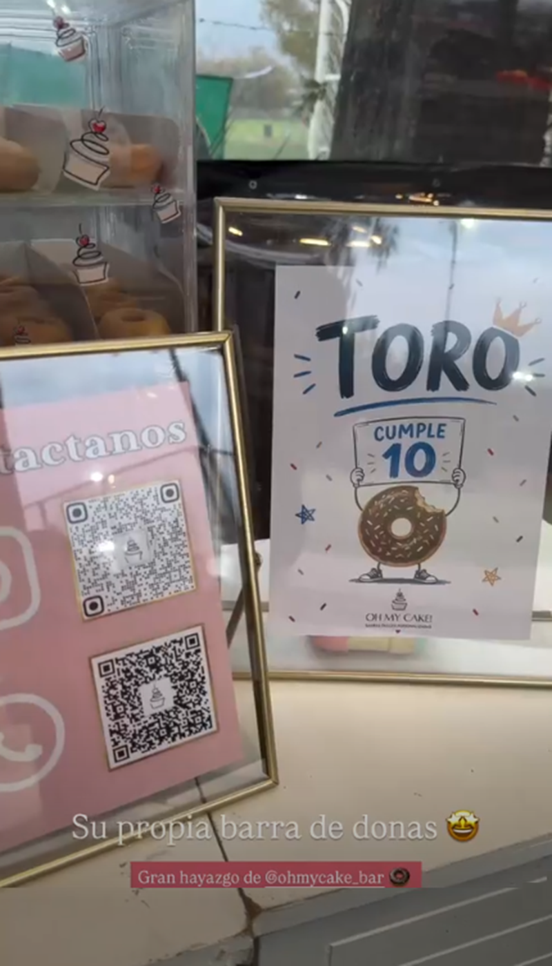 Cartel con el dibujo de una dona y la frase "Toro cumple 10" en el predio preparado por Juana Repetto para el festejo de cumpleaños de Toribio | Fuente: Instagram Stories/juanarepettook
