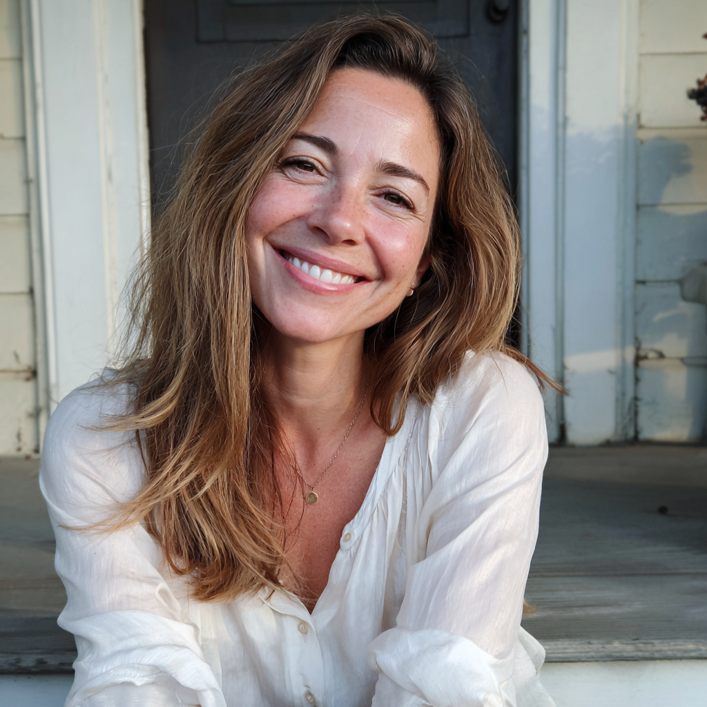 Una mujer sonriente sentada en un porche | Fuente: Midjourney