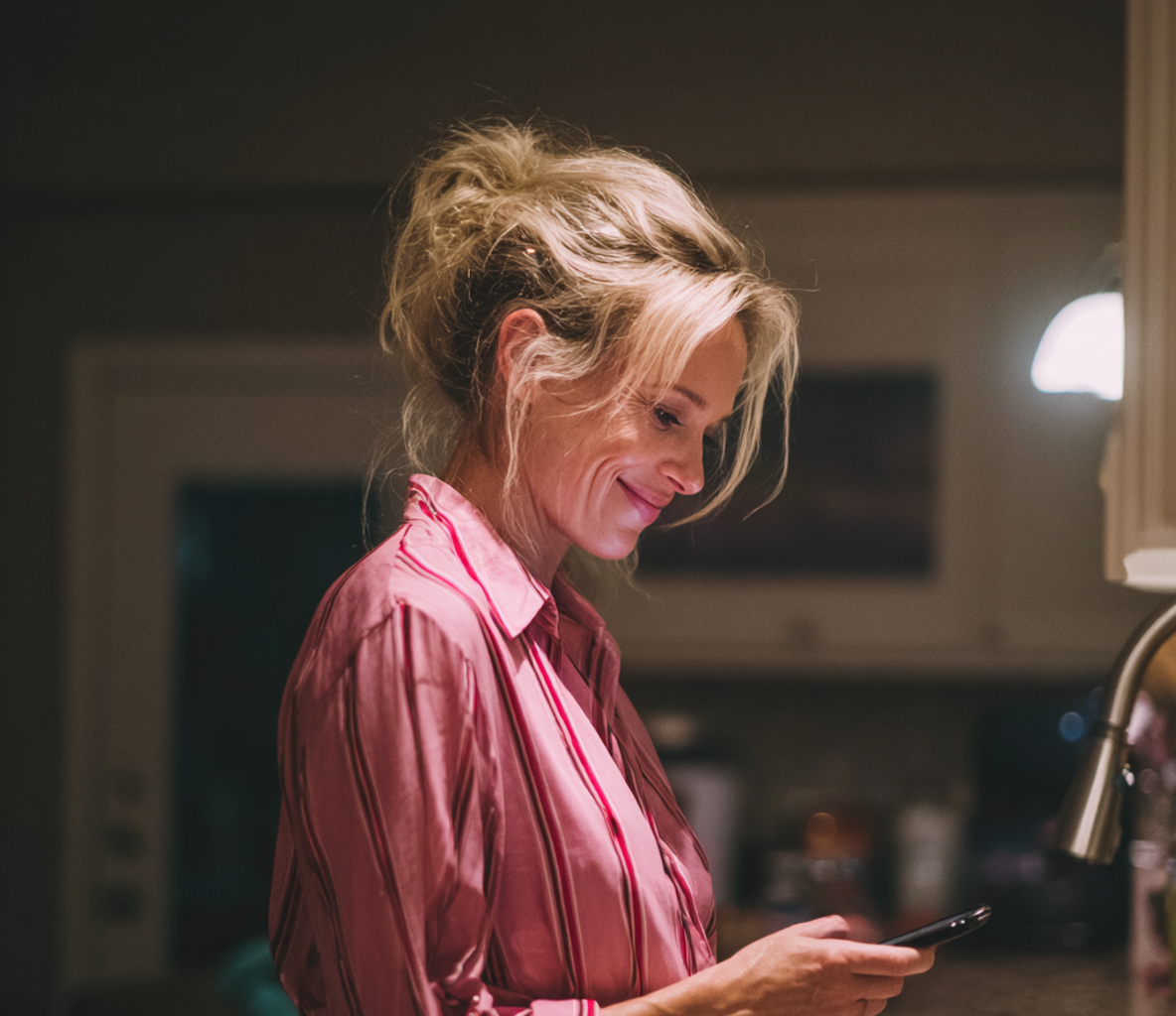 Una mujer utilizando su teléfono en una cocina | Fuente: Midjourney