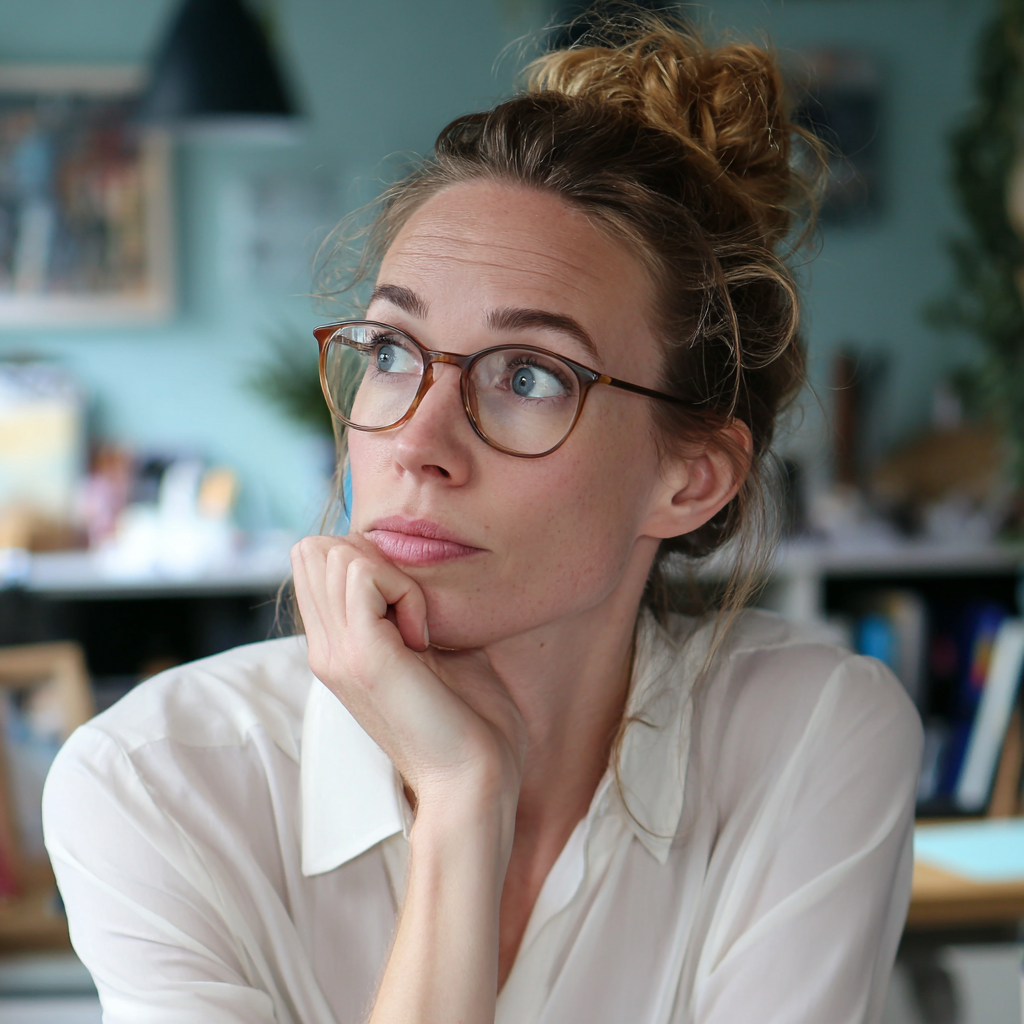 Una mujer pensativa sentada en su escritorio | Fuente: Midjourney