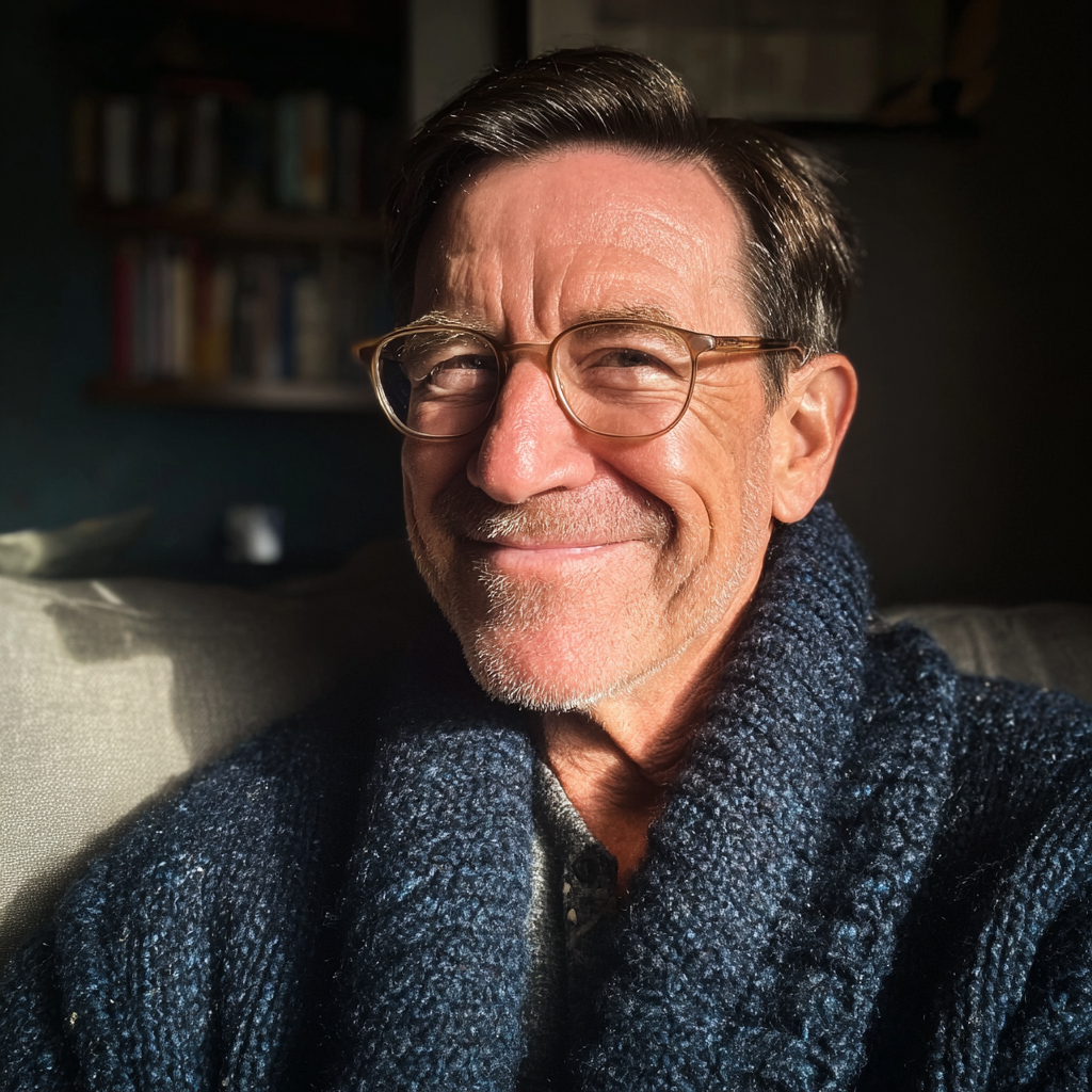 Un anciano con una rebeca azul marino | Fuente: Midjourney