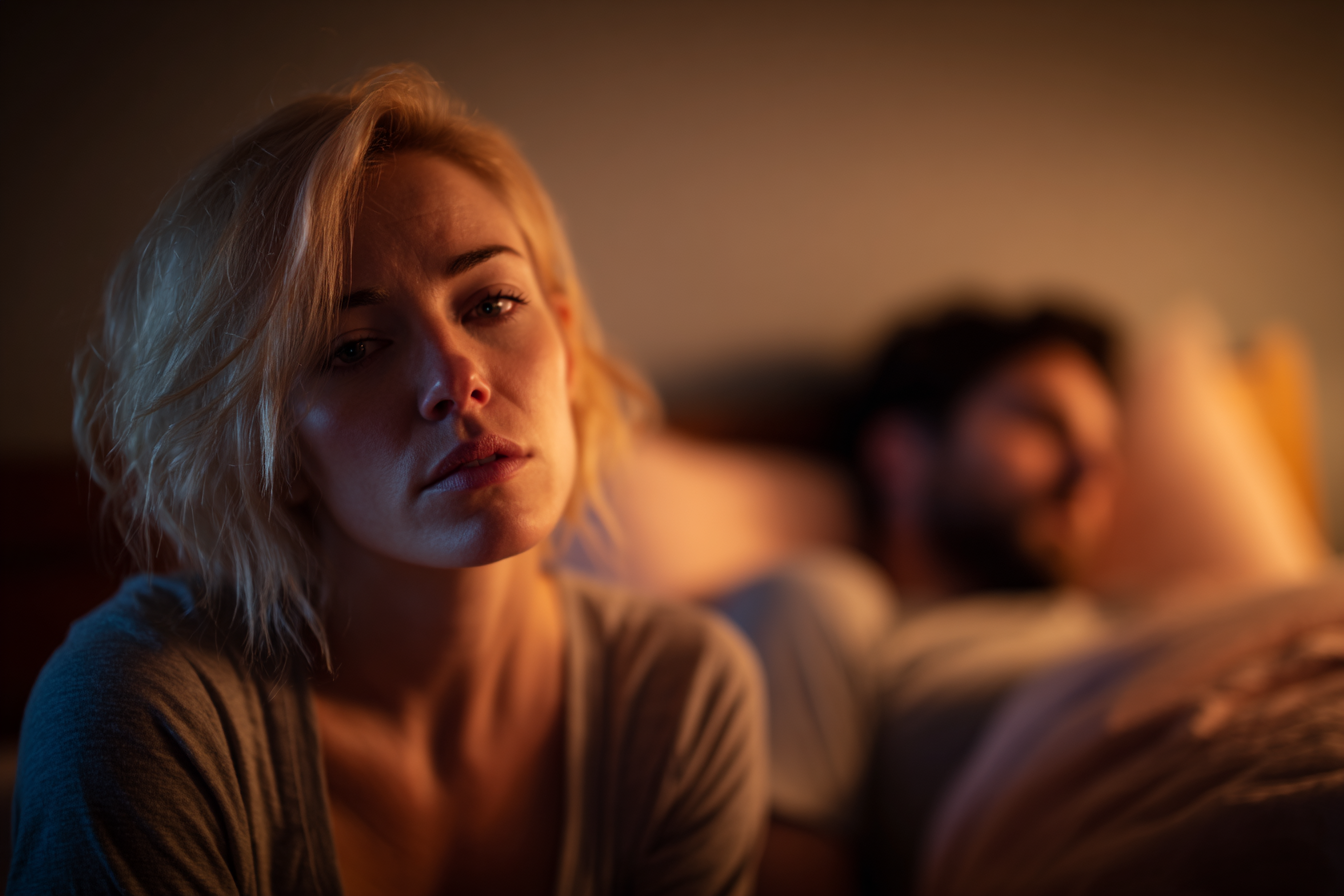 Una mujer cansada sentada en una cama mientras su esposo duerme | Fuente: Midjourney