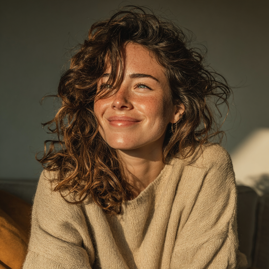 Una mujer feliz y contenta en casa | Fuente: Midjourney