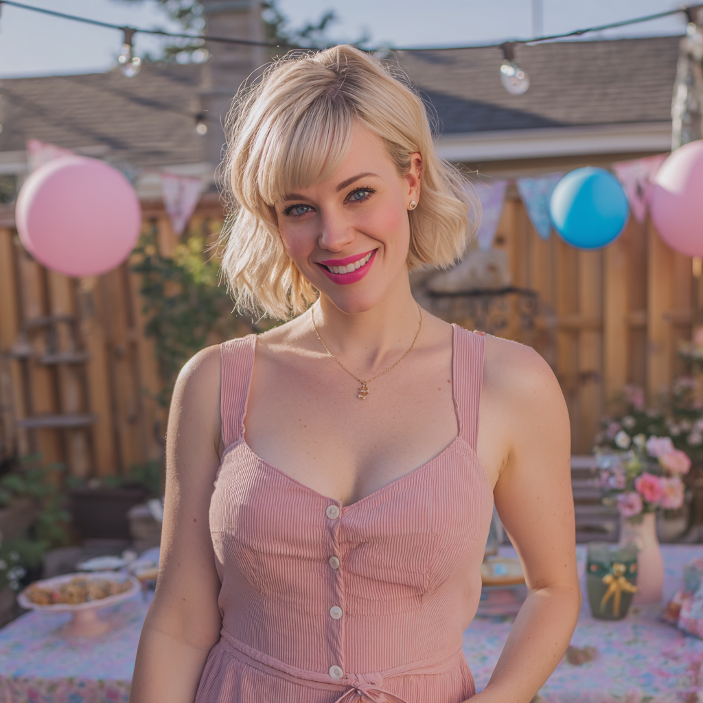 Una mujer sonriente con un vestido rosa | Fuente: Midjourney