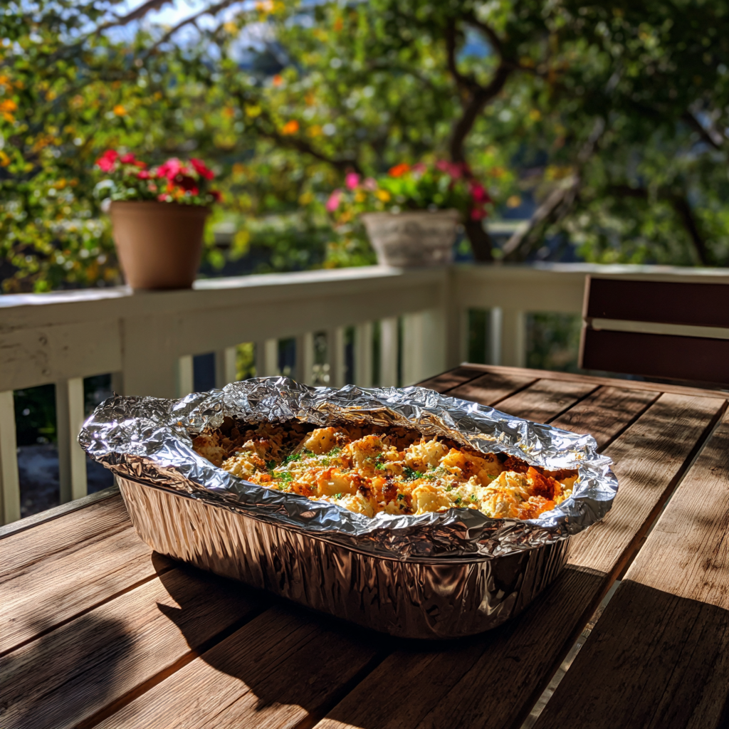 Un contenedor de comida en una mesa del porche | Fuente: Midjourney