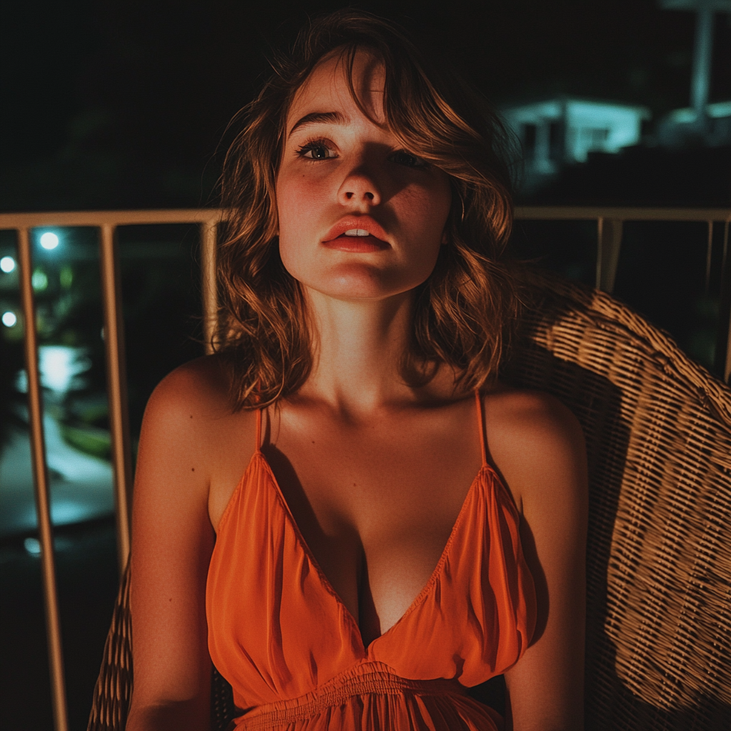 Una mujer alterada sentada en un balcón por la noche | Fuente: Midjourney