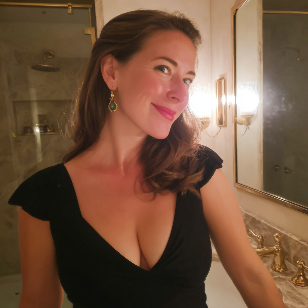 Una mujer sonriente de pie en un cuarto de baño | Fuente: Midjourney