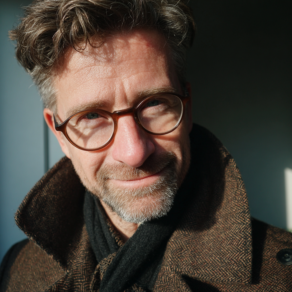 Un hombre sonriente con gafas marrones | Fuente: Midjourney