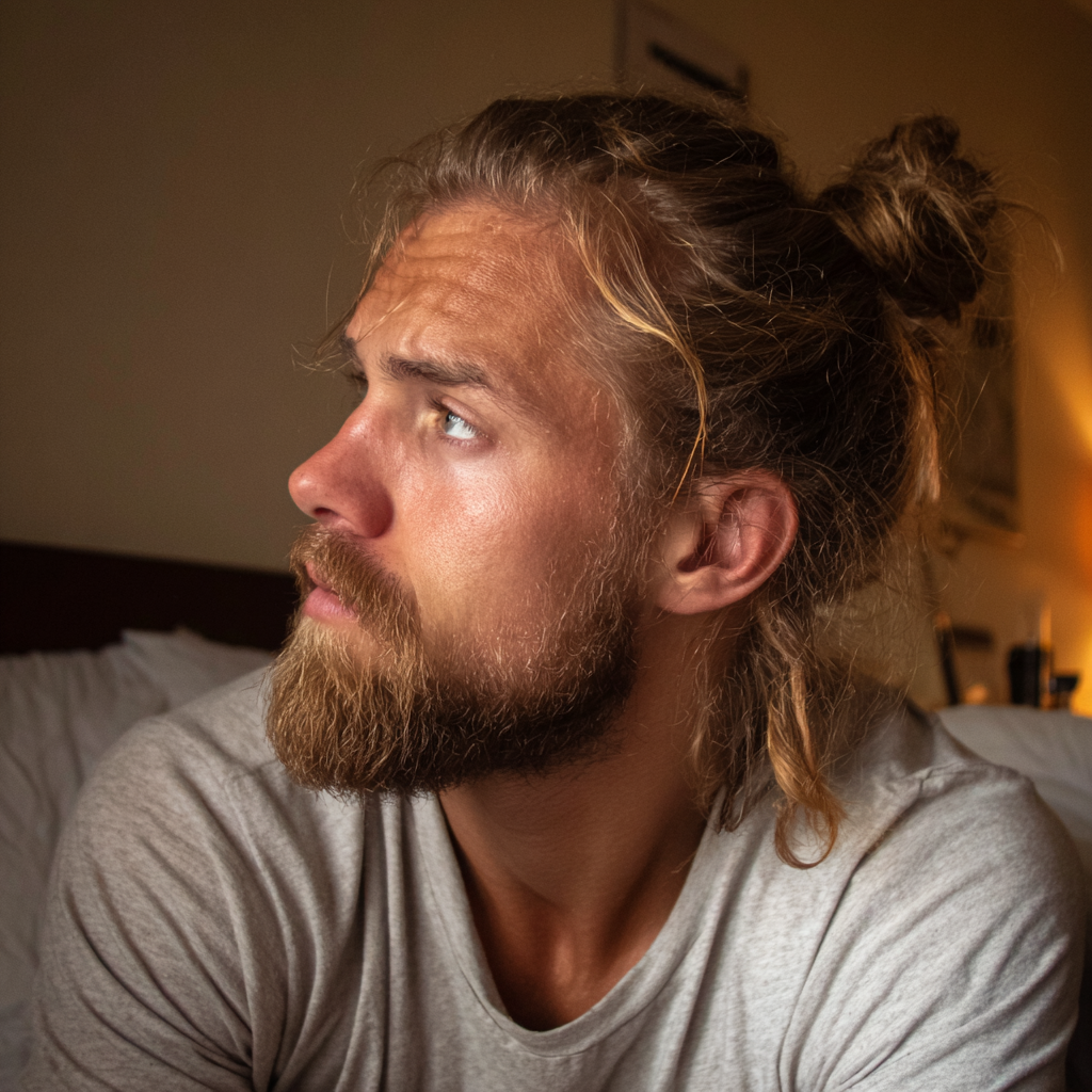 Un hombre preocupado sentado en su cama | Fuente: Midjourney
