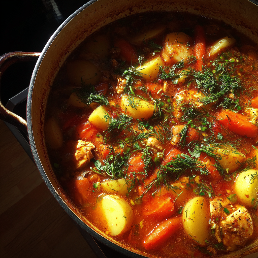 Una olla de estofado de pollo y verduras | Fuente: Midjourney