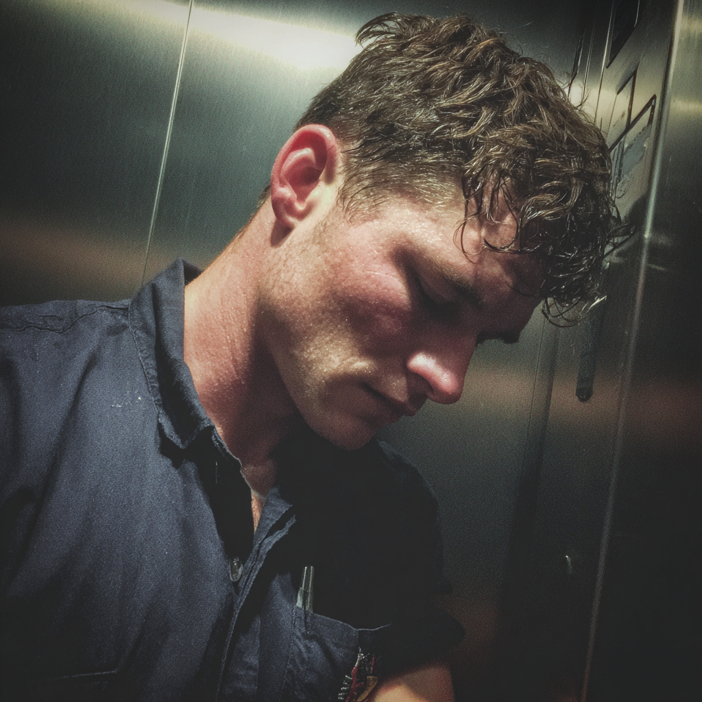 Un hombre cansado de pie en un ascensor | Fuente: Midjourney