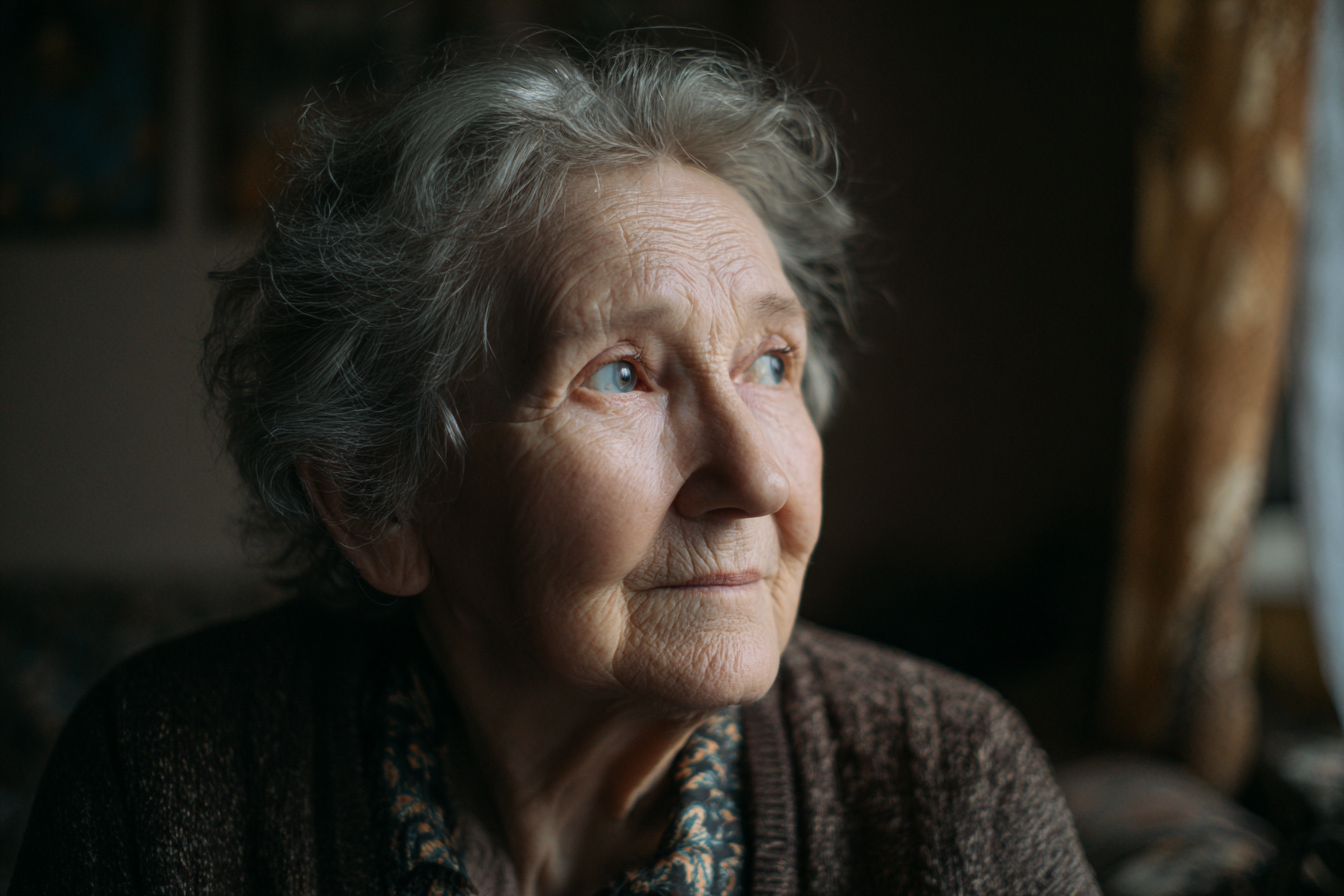 Una mujer mayor sentada junto a una ventana | Fuente: Midjourney