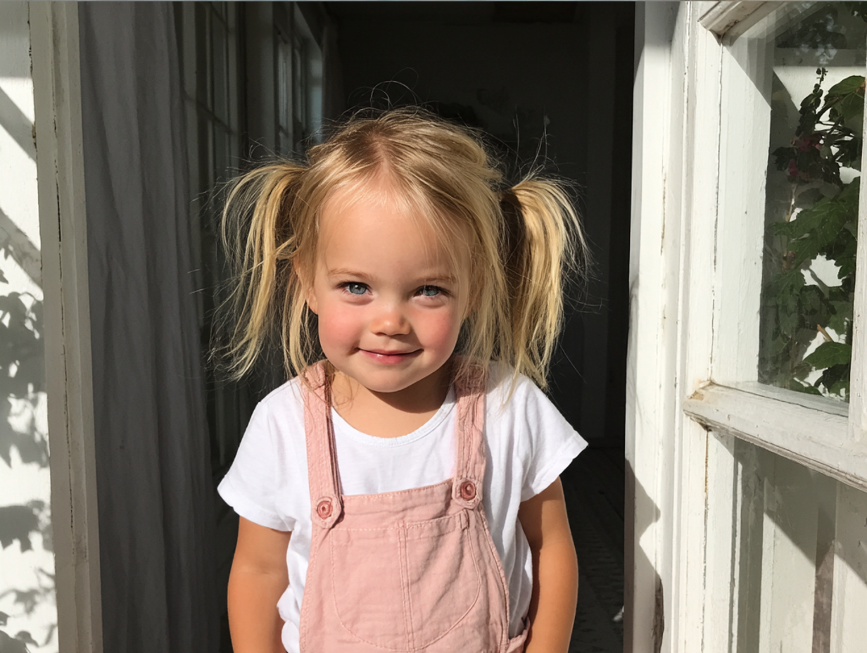 Una niña sonriente en un porche | Fuente: Midjourney