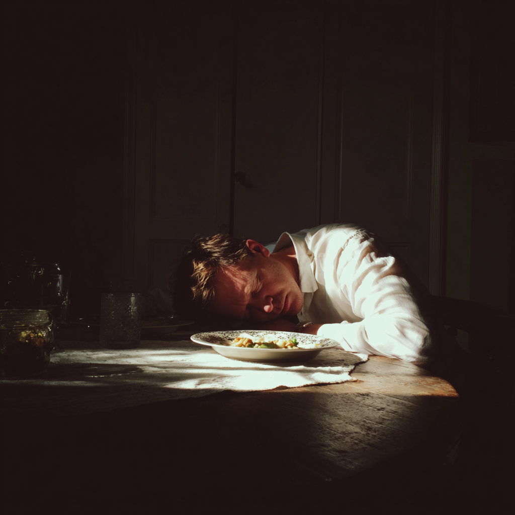 Un hombre desplomado sobre una mesa de comedor | Fuente: Midjourney