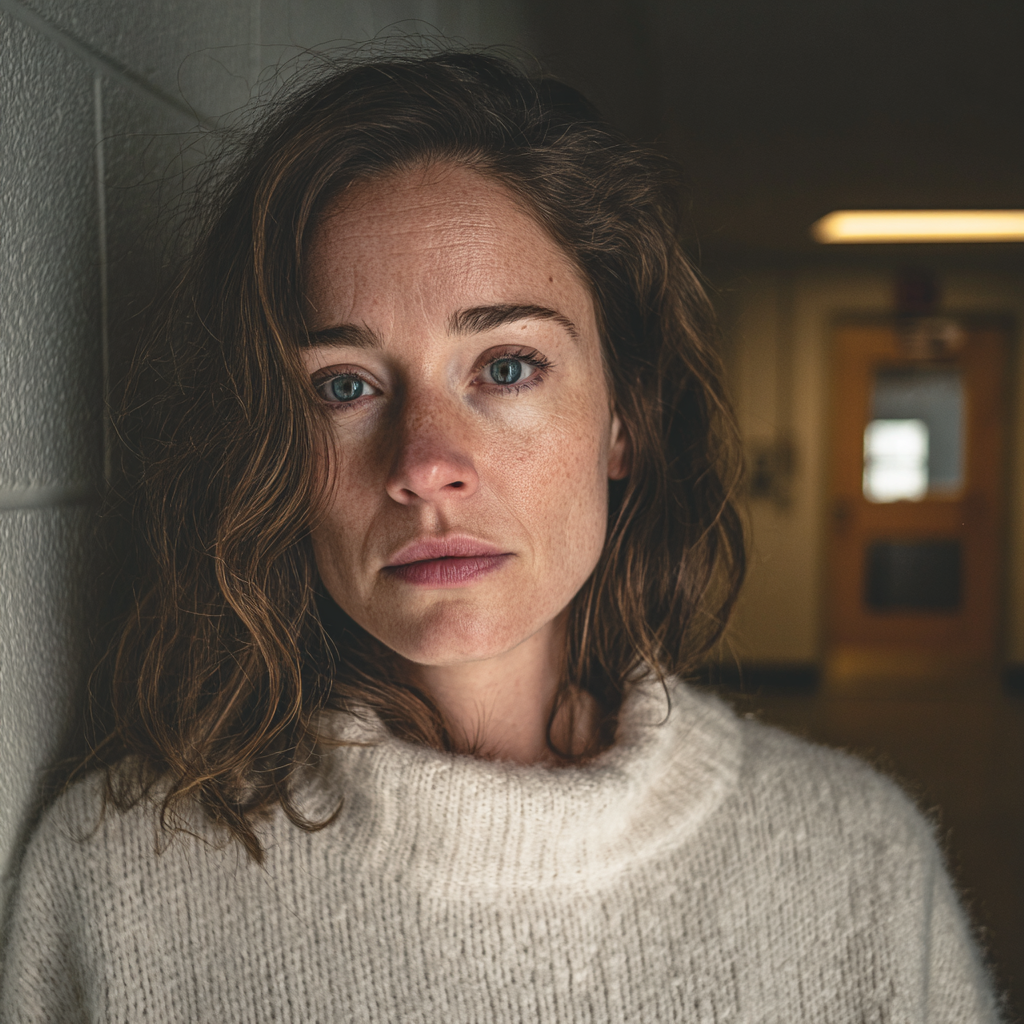 Una mujer emocionada en una comisaría de policía | Fuente: Midjourney