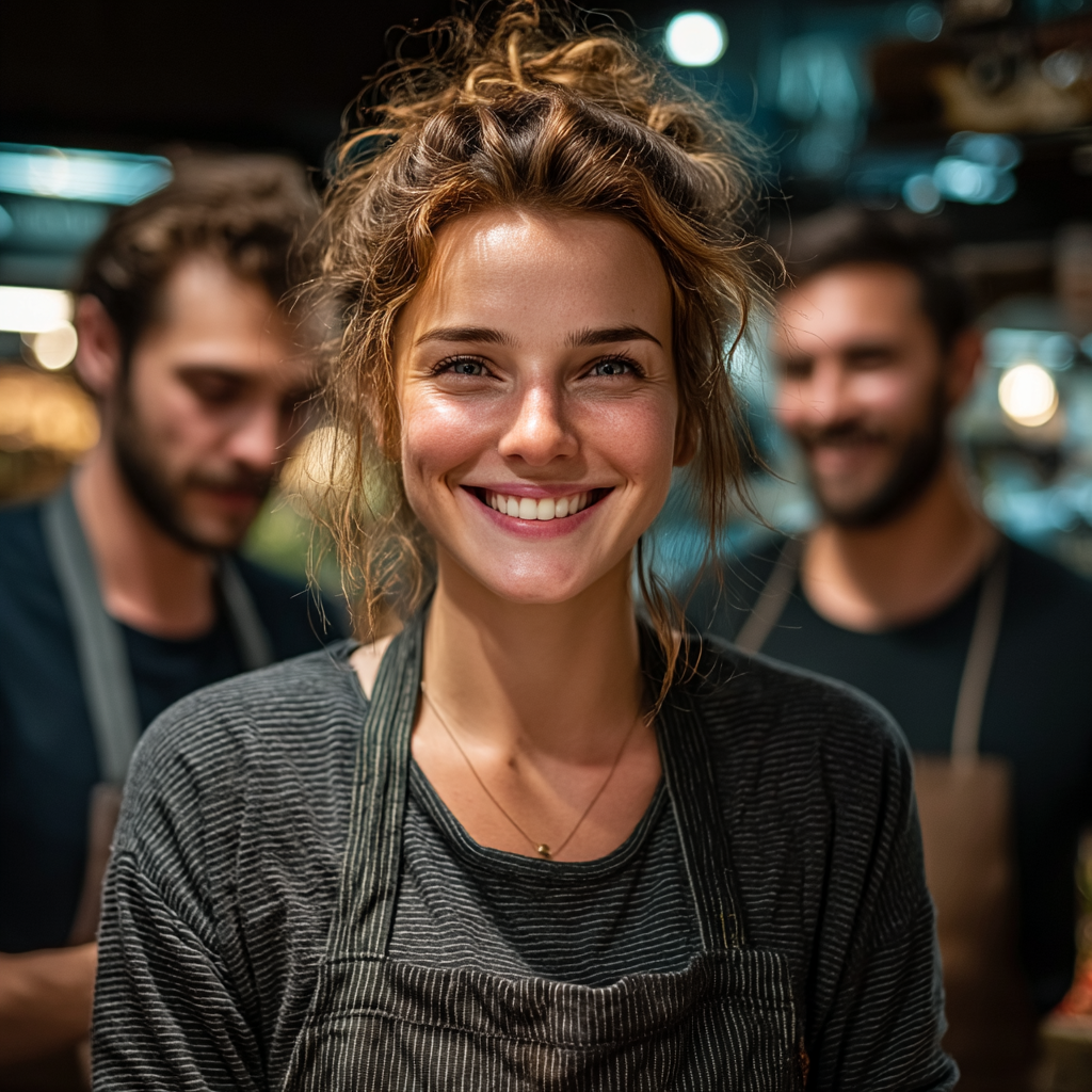 Una cajera feliz con sus compañeros | Fuente: Midjourney