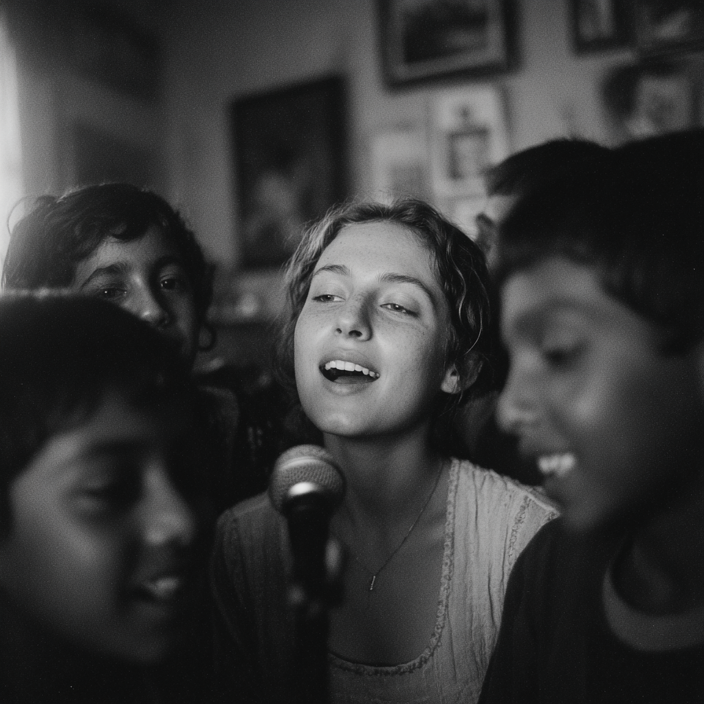 Una mujer cantando karaoke con niños | Fuente: Midjourney