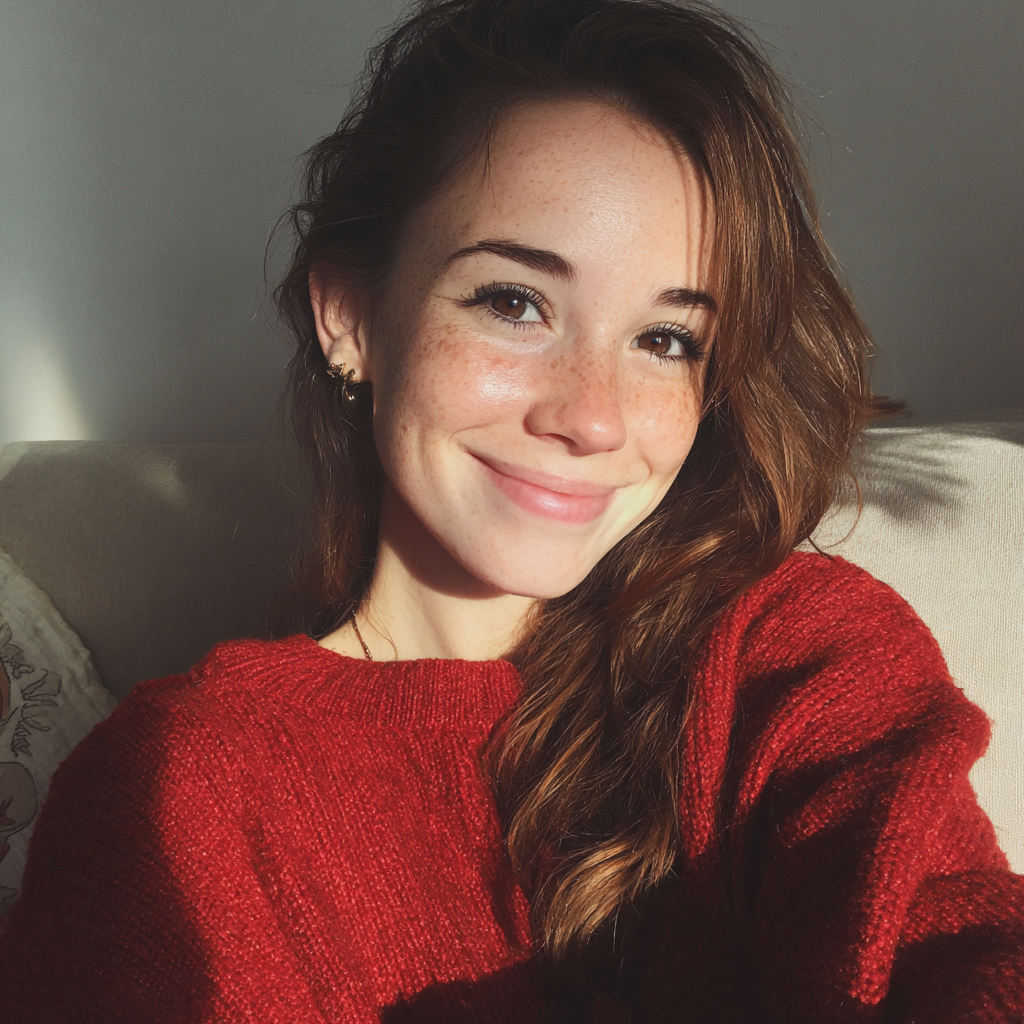 Una mujer sonriente sentada en un sofá | Fuente: Midjourney