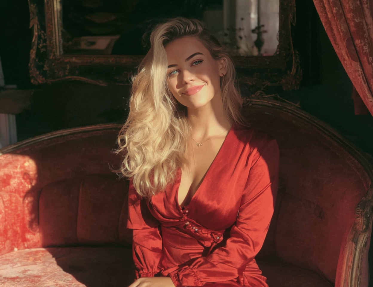 Una mujer sonriente con un vestido rojo | Fuente: Midjourney