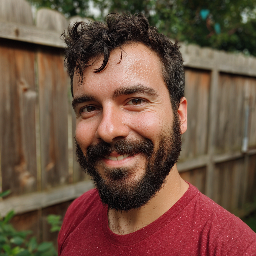 Un hombre sonriente de pie en un patio trasero | Fuente: Midjourney