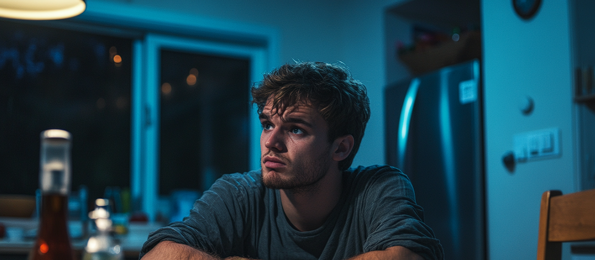 Un hombre serio mirando a alguien durante la cena | Fuente: Midjourney