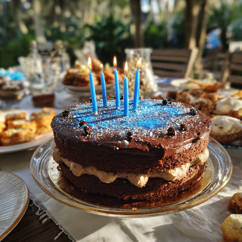 Un pastel de chocolate sobre una mesa | Fuente: Midjourney