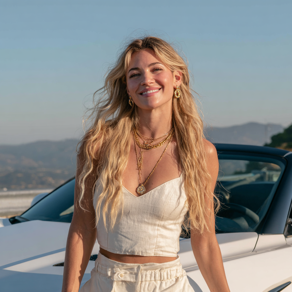 Una mujer sonriente apoyada en un Automóvil | Fuente: Midjourney